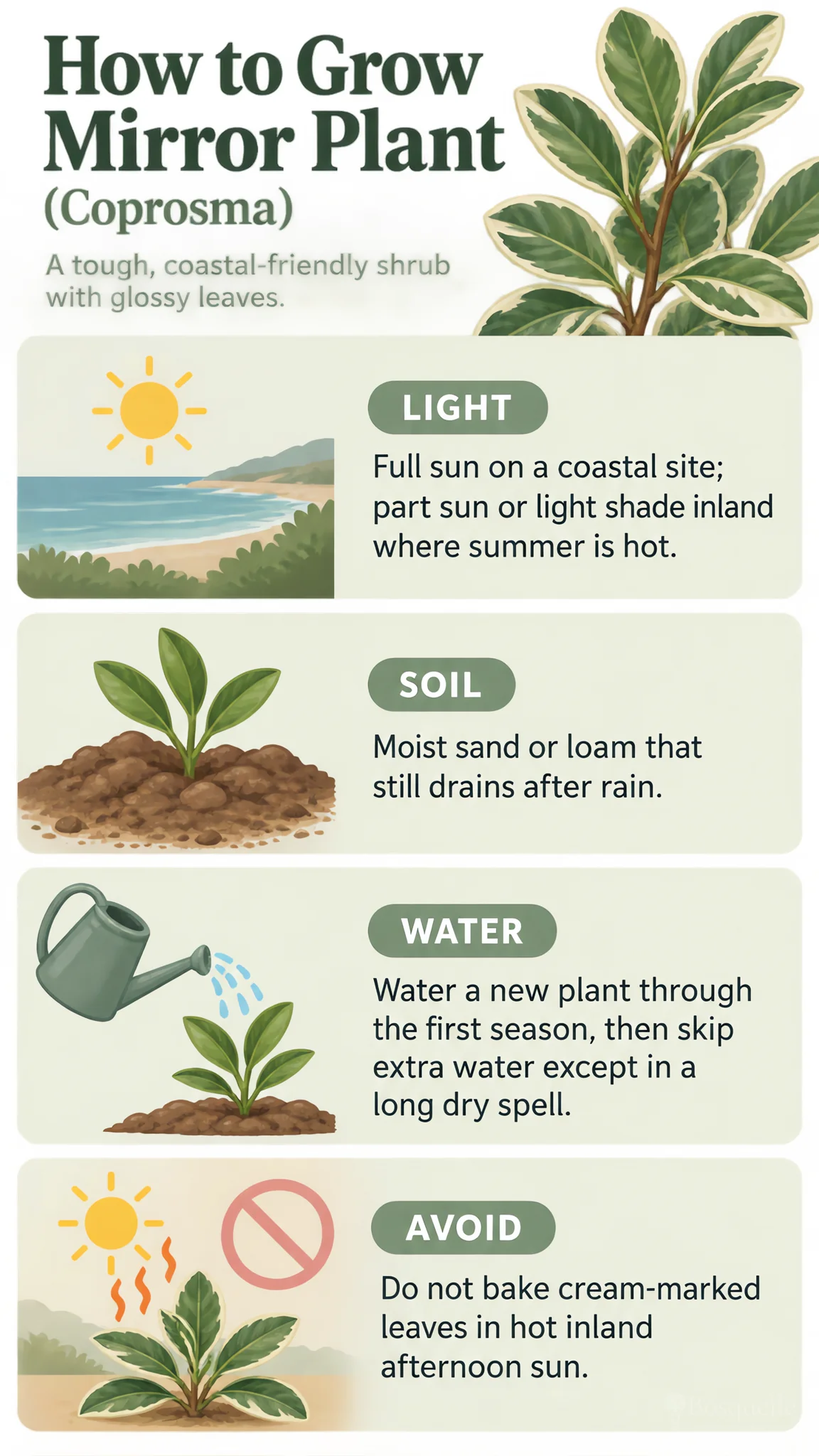 How to Grow Mirror Plant care summary diagram