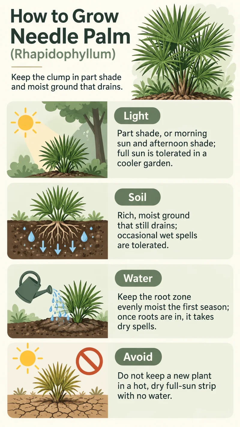How to Grow Needle Palm care summary diagram