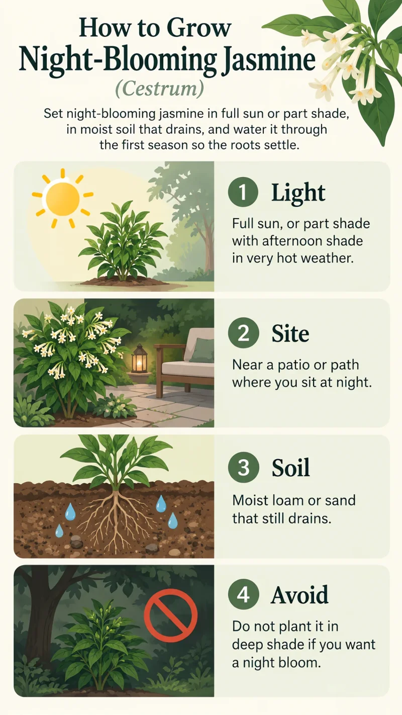 How to Grow Night-Blooming Jasmine care summary diagram