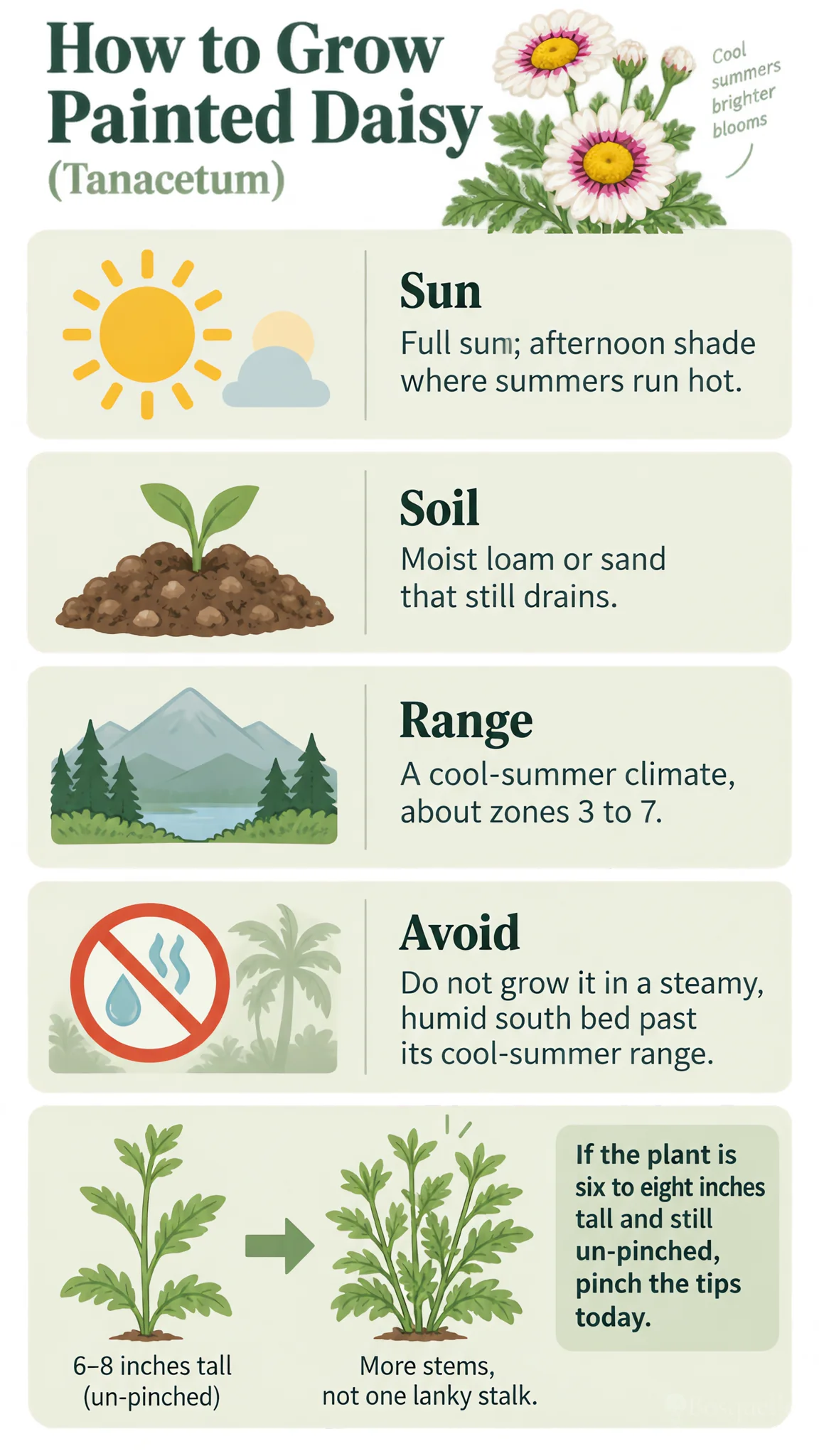 How to Grow Painted Daisy care summary diagram