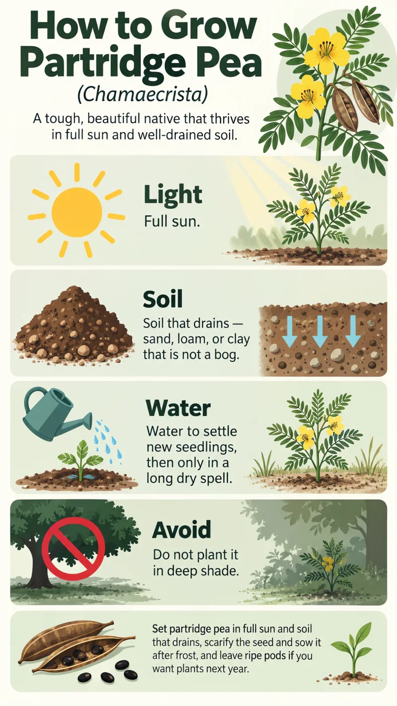 How to Grow Partridge Pea care summary diagram