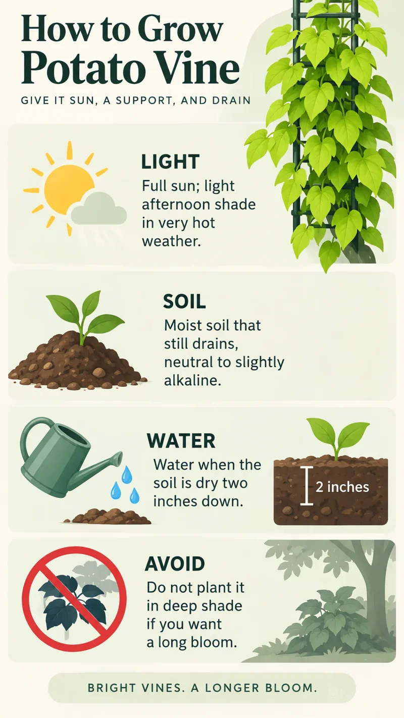 How to Grow Potato Vine care summary diagram