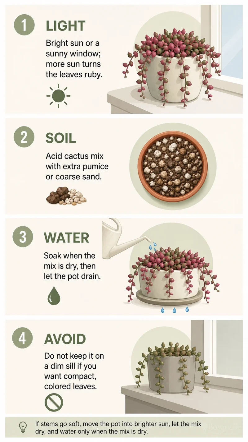 How to Grow Ruby Necklace care summary diagram