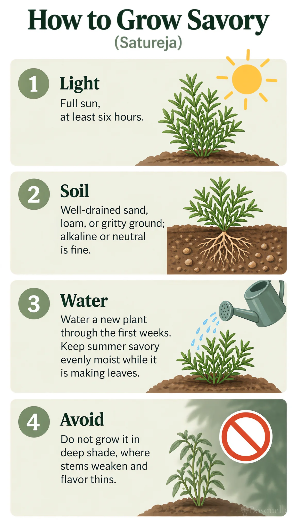 How to Grow Savory care summary diagram