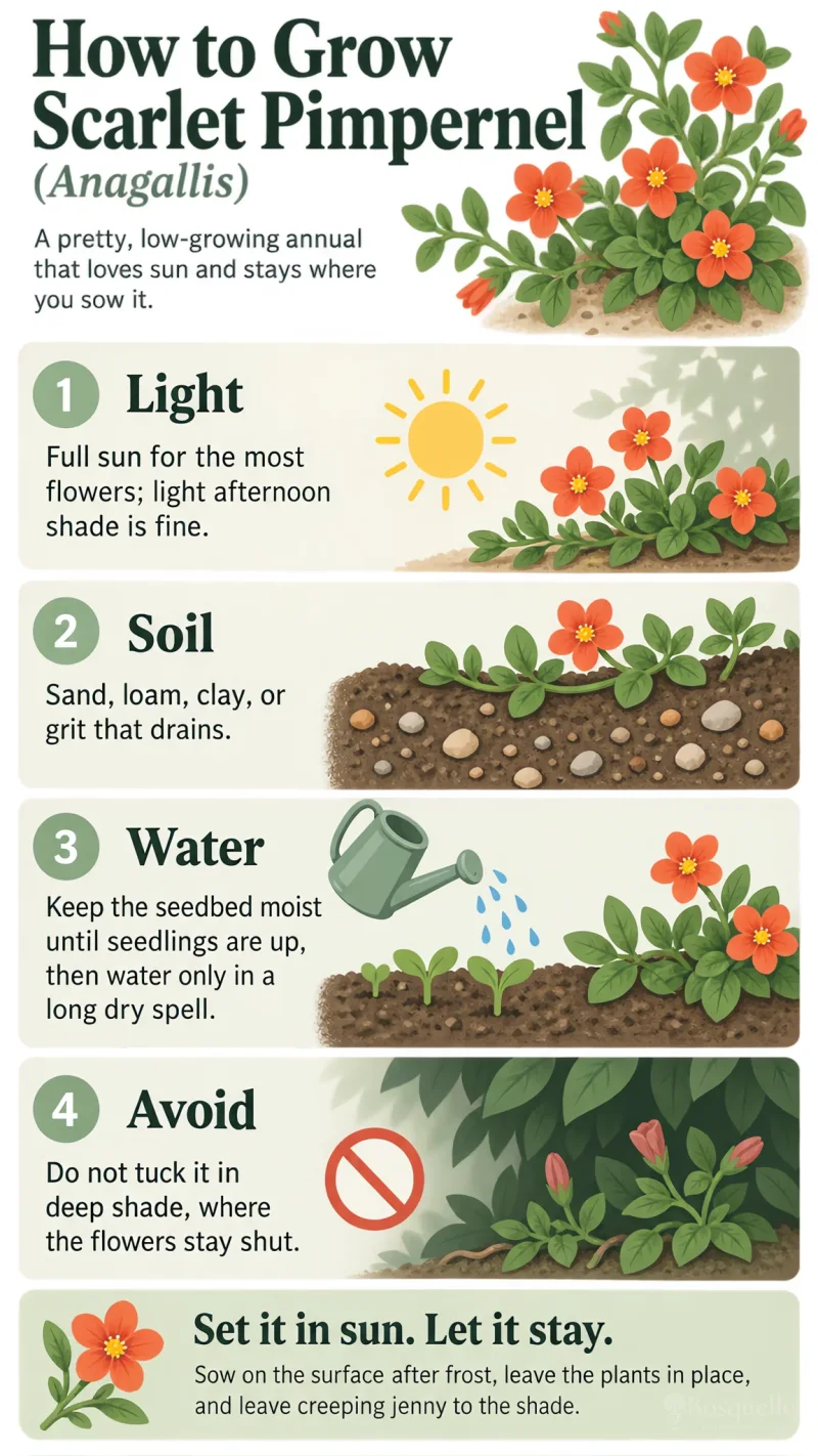 How to Grow Scarlet Pimpernel care summary diagram
