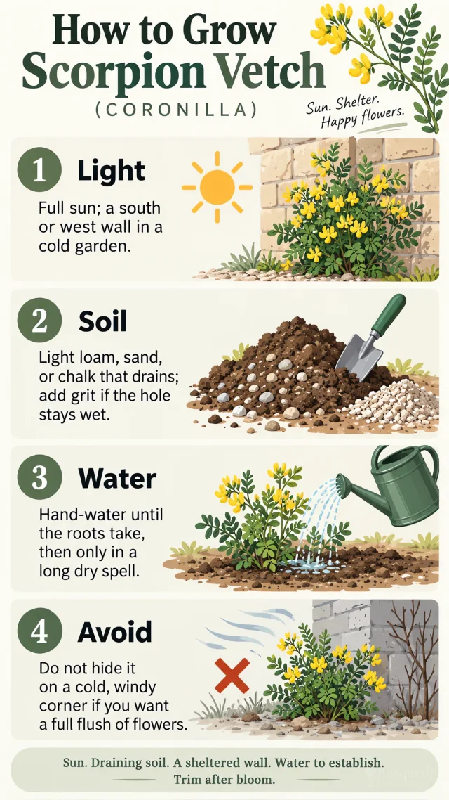 How to Grow Scorpion Vetch care summary diagram