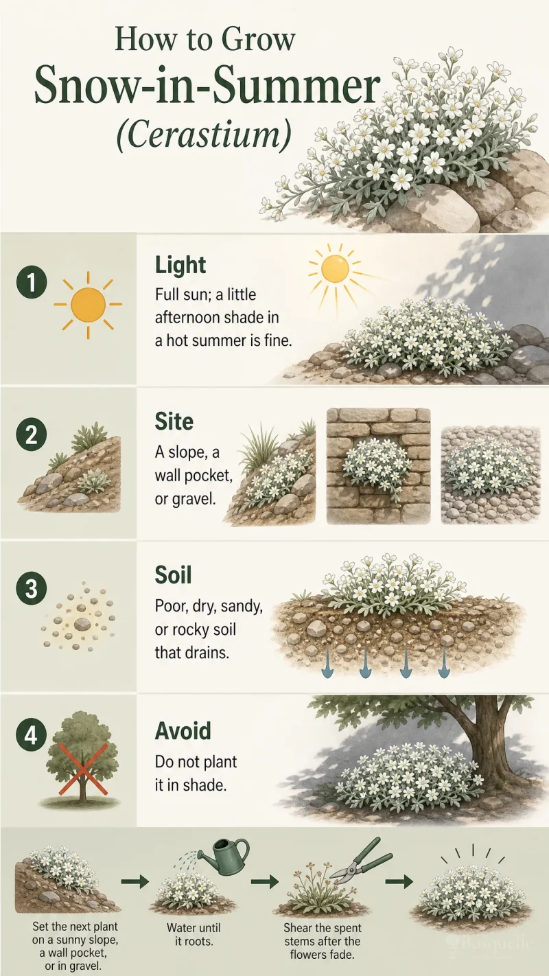 How to Grow Snow-in-Summer care summary diagram