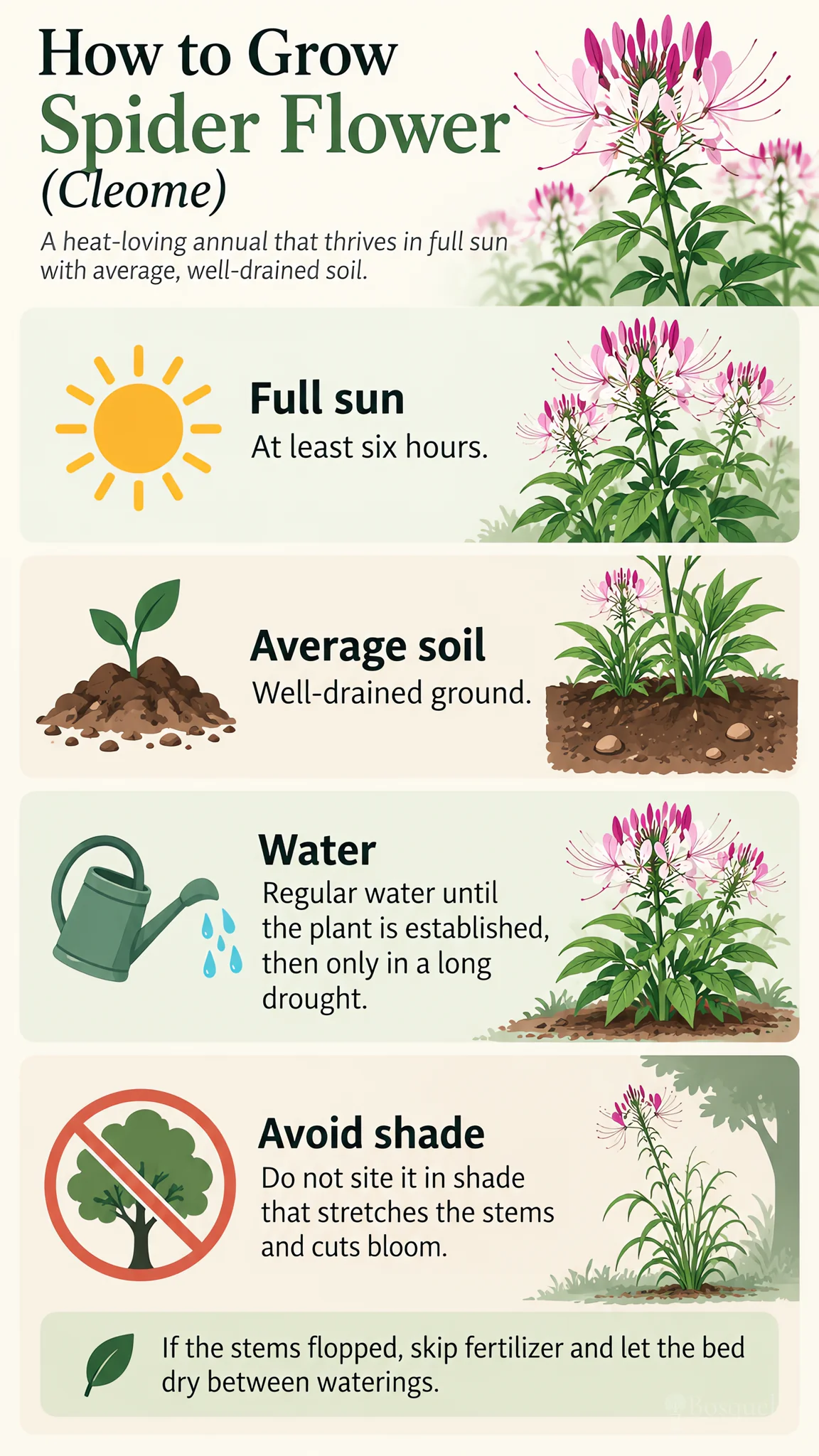 How to Grow Spider Flower care summary diagram