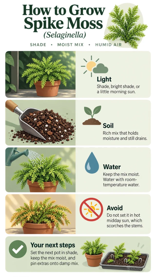 How to Grow Spike Moss care summary diagram
