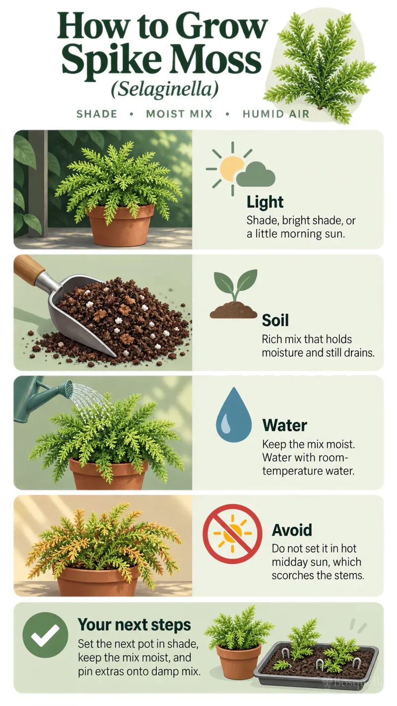 How to Grow Spike Moss care summary diagram
