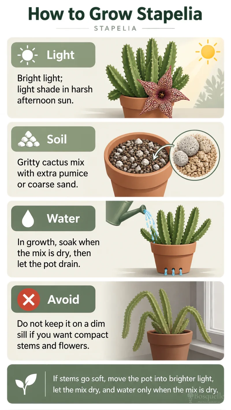 How to Grow Stapelia care summary diagram