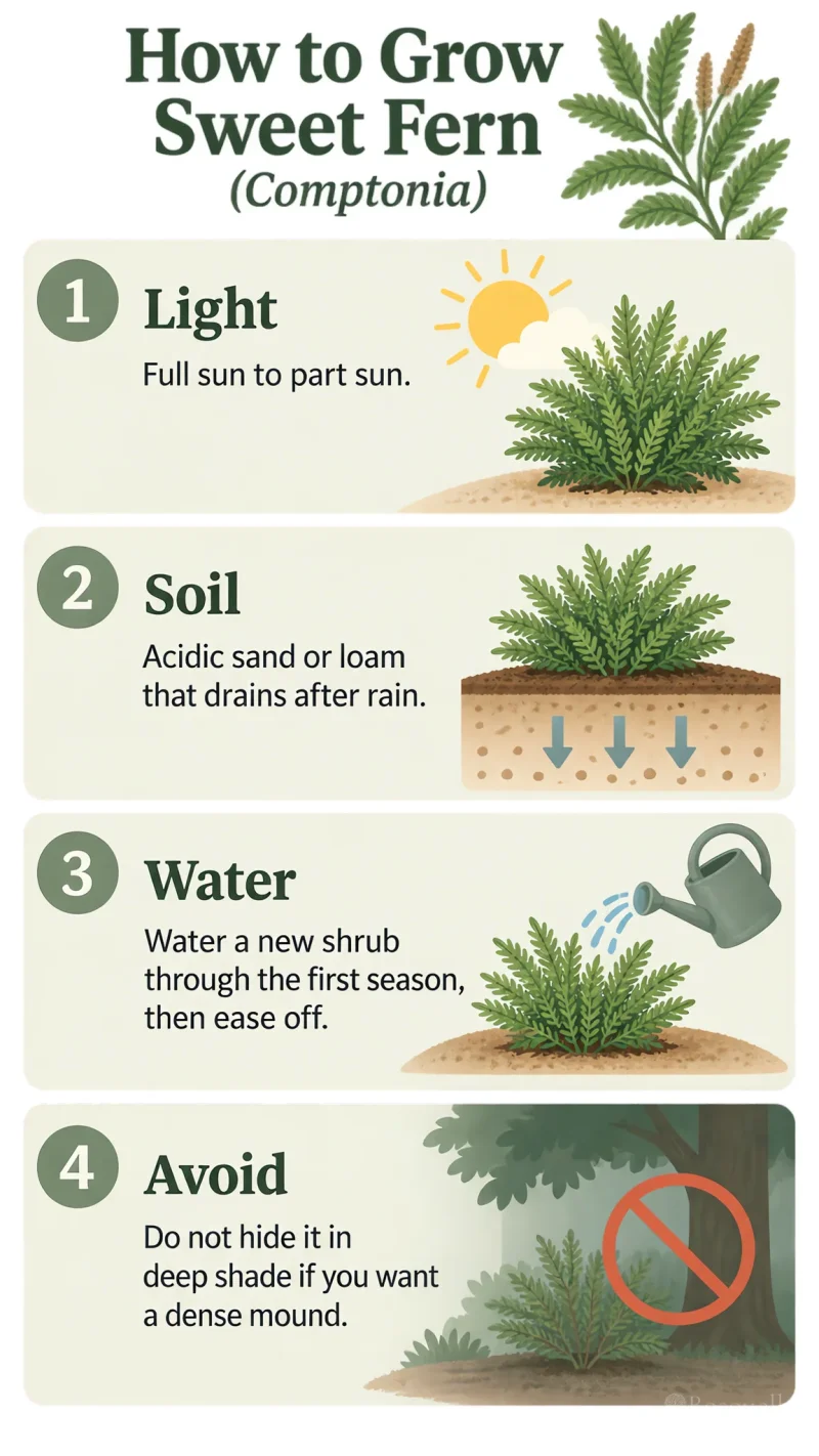 How to Grow Sweet Fern care summary diagram