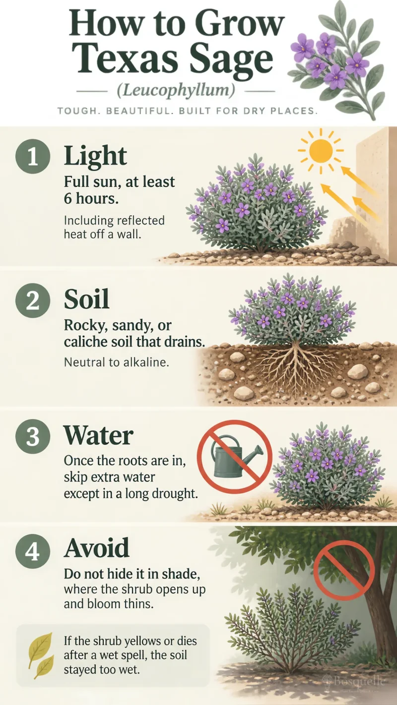 How to Grow Texas Sage care summary diagram