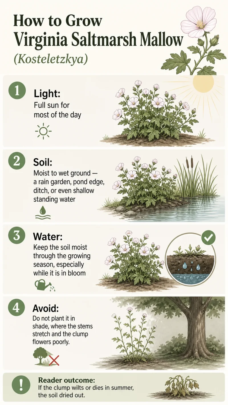 How to Grow Virginia Saltmarsh Mallow care summary diagram