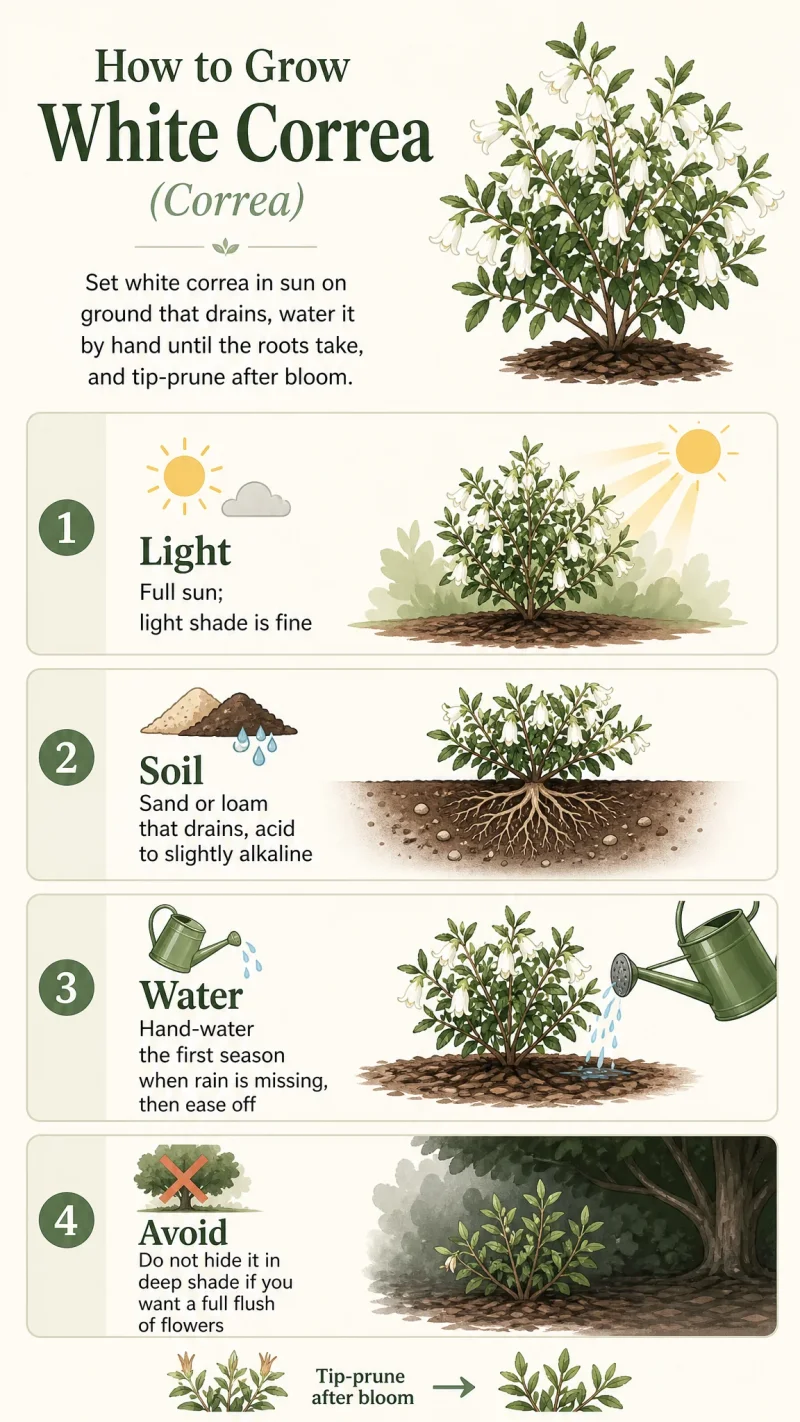 How to Grow White Correa care summary diagram