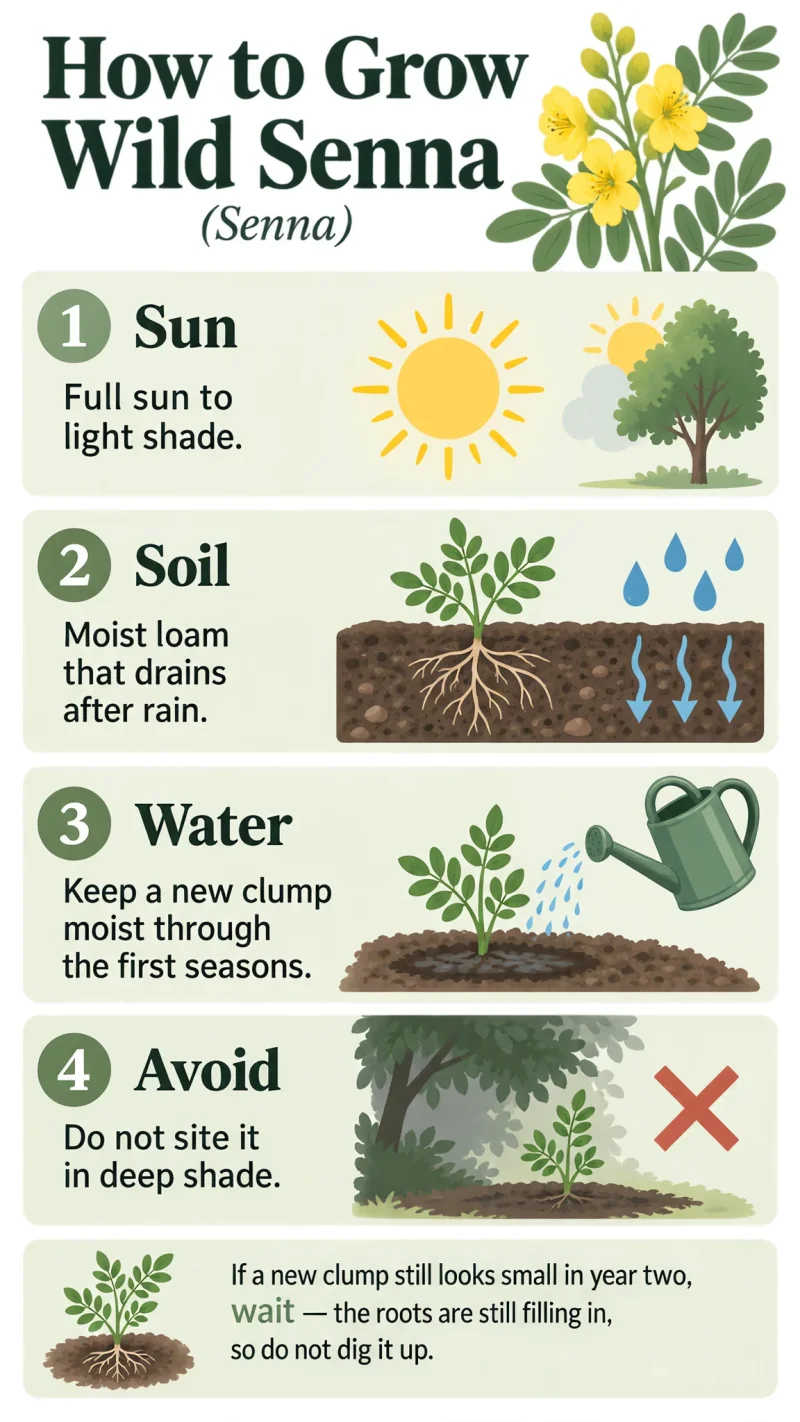 How to Grow Wild Senna care summary diagram
