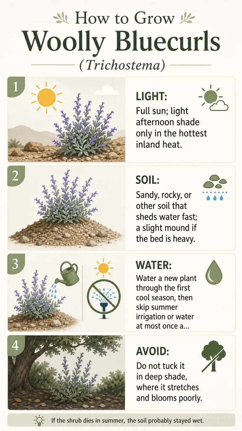 How to Grow Woolly Bluecurls care summary diagram