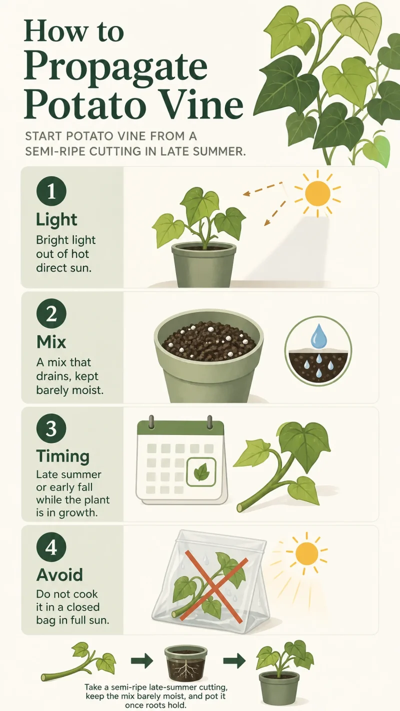 How to Propagate Potato Vine care summary diagram