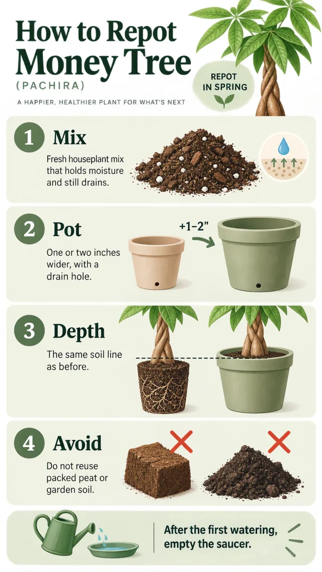 How to Repot Money Tree care summary diagram