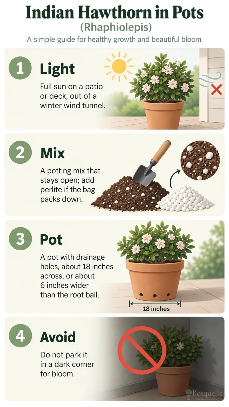 Indian Hawthorn in Pots care summary diagram