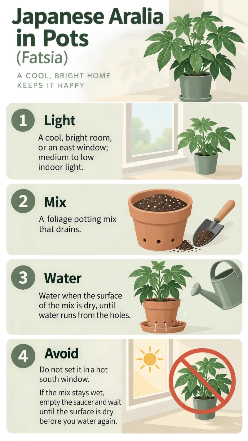 Japanese Aralia in Pots care summary diagram