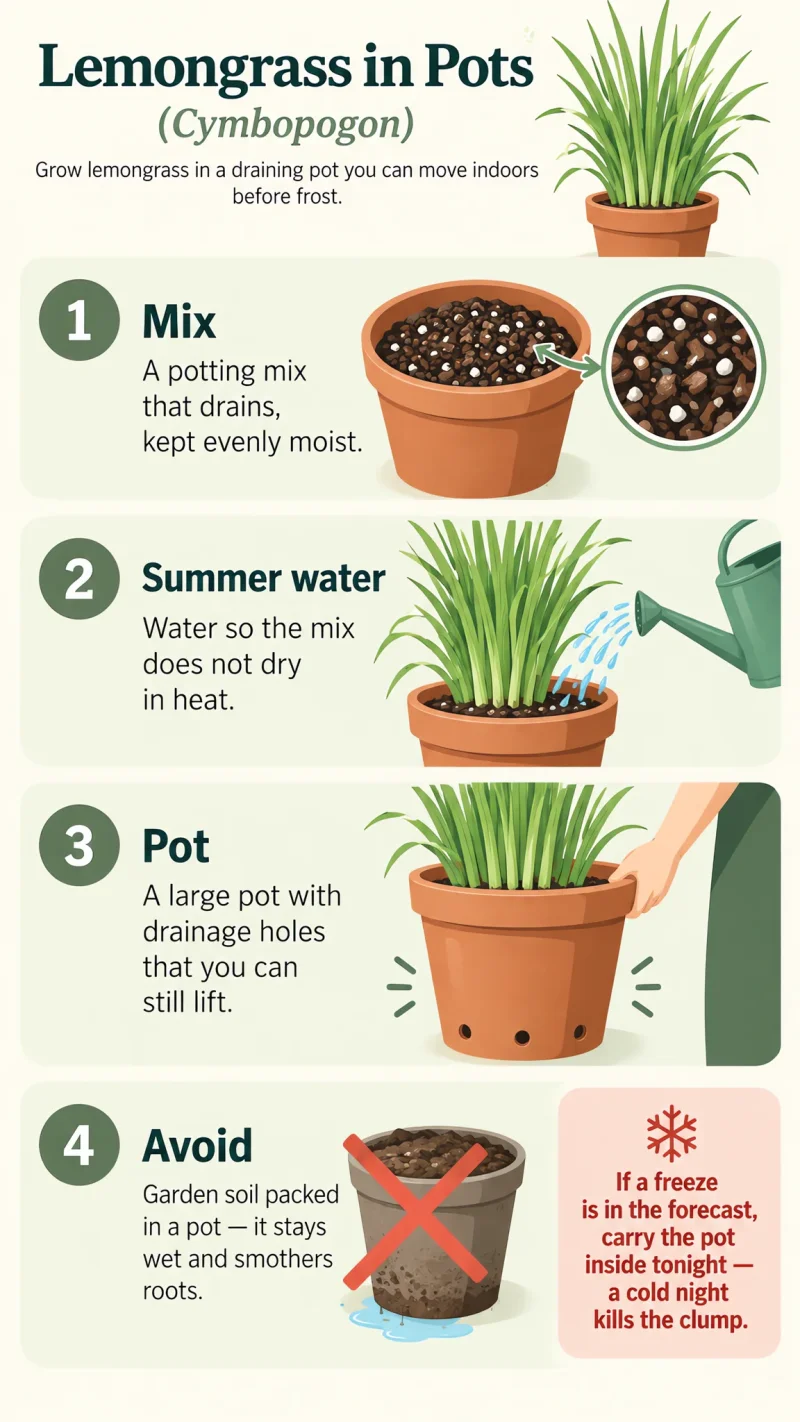 Lemongrass in Pots care summary diagram