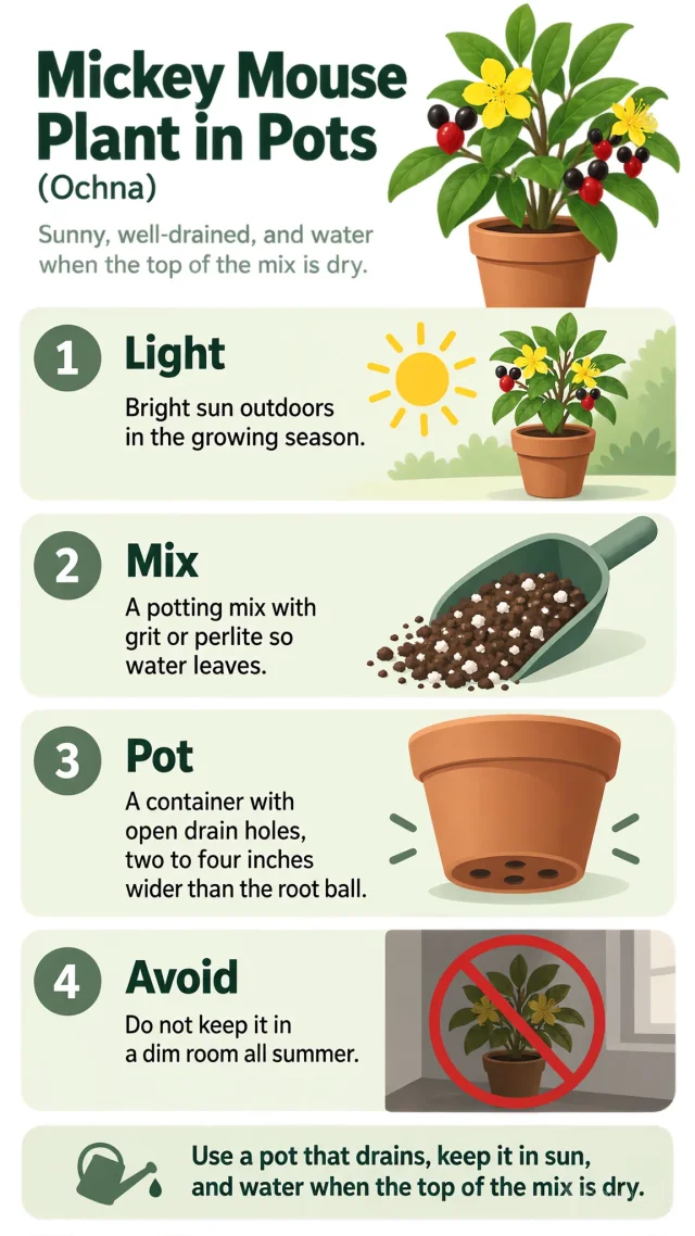 Mickey Mouse Plant in Pots care summary diagram