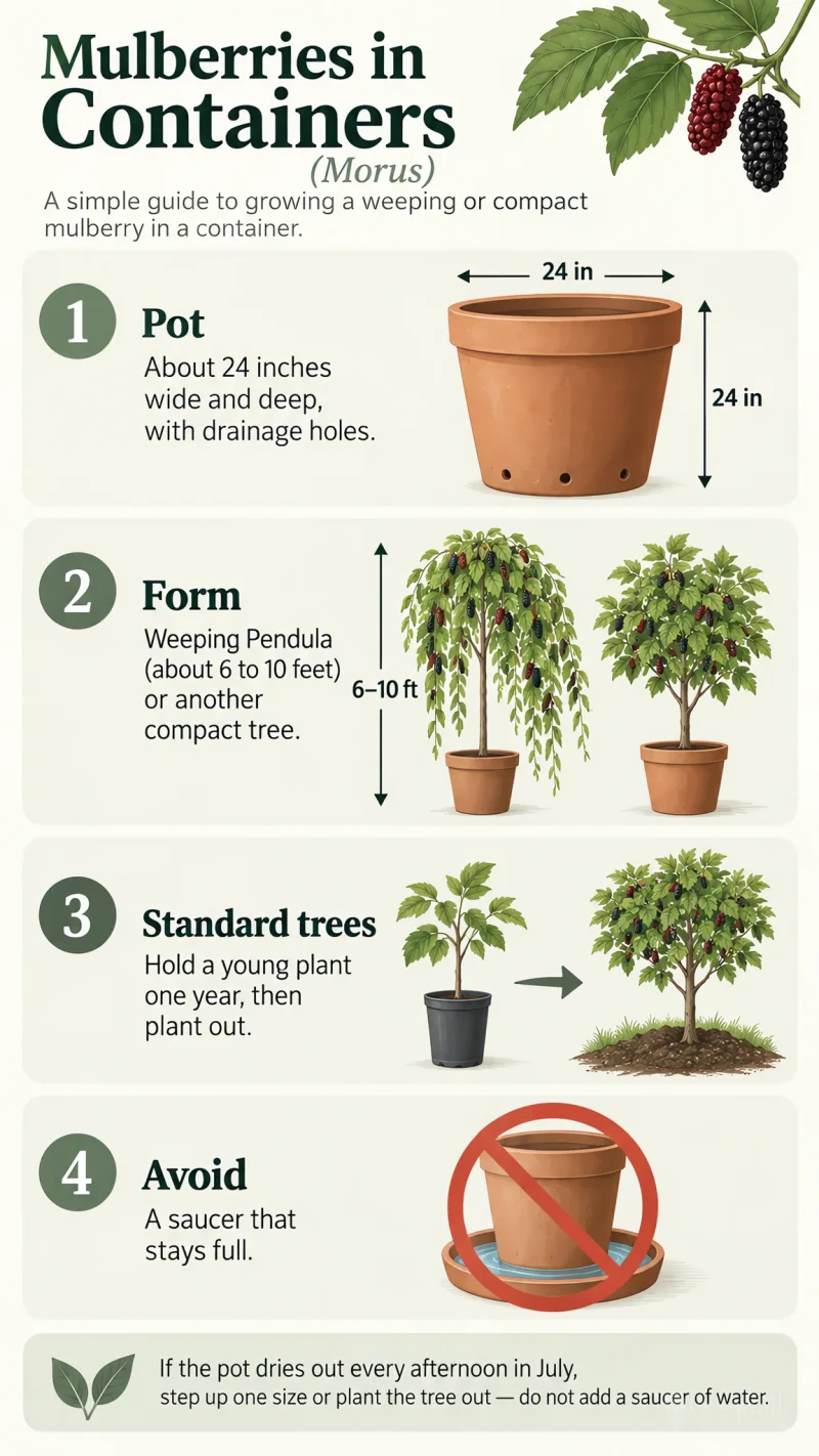 Mulberries in Containers care summary diagram