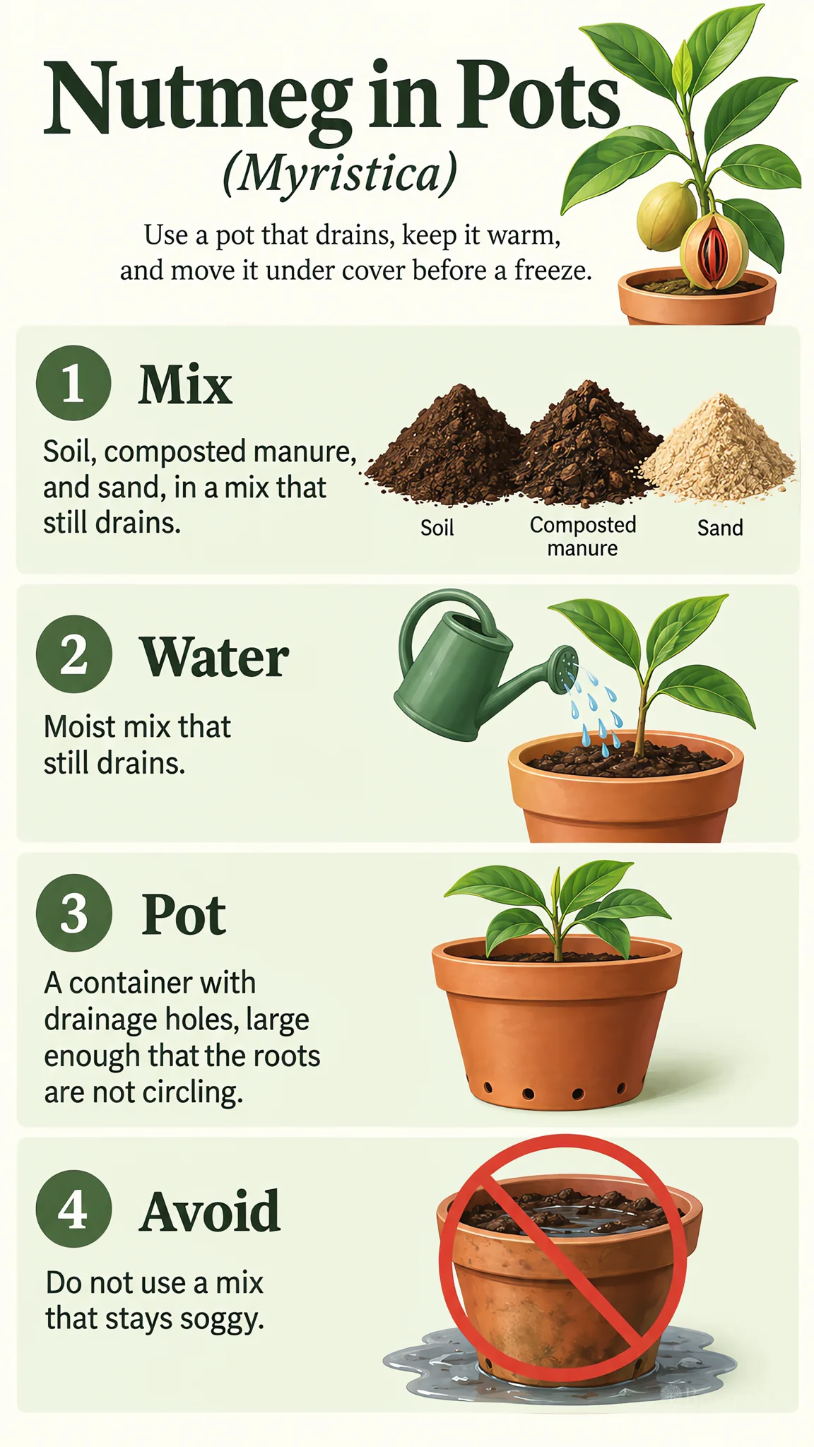 Nutmeg in Pots care summary diagram