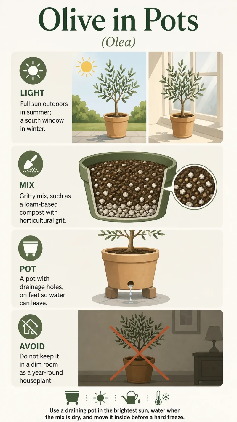 Olive in Pots care summary diagram