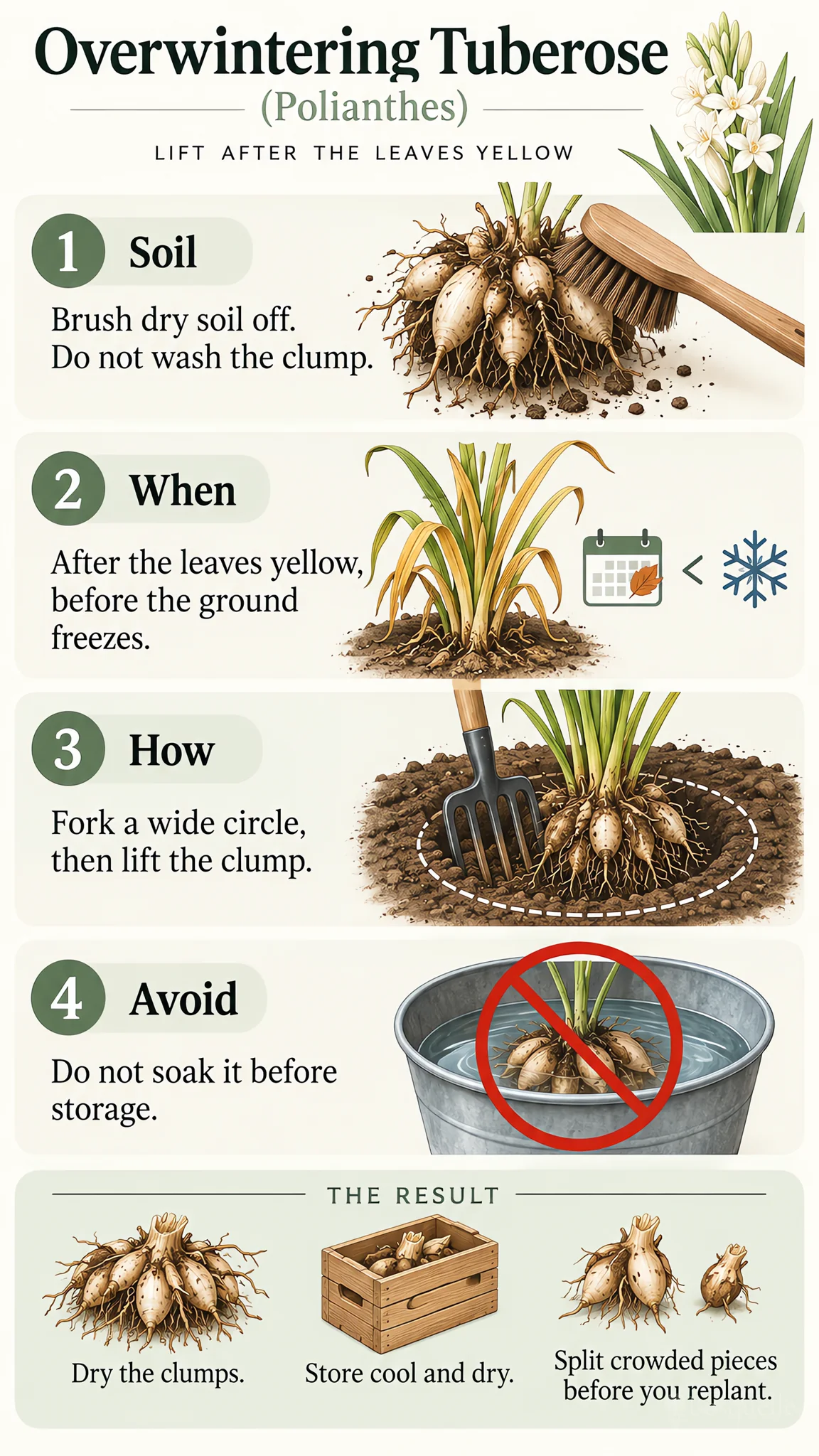 Overwintering Tuberose care summary diagram