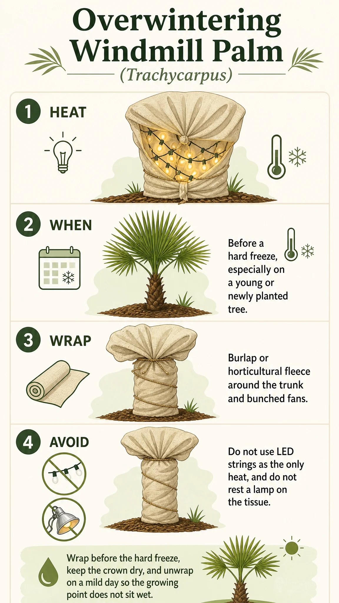 Overwintering Windmill Palm care summary diagram