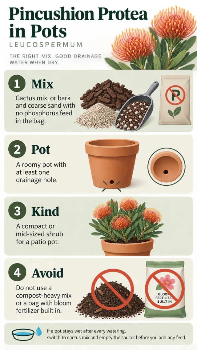 Pincushion Protea in Pots care summary diagram