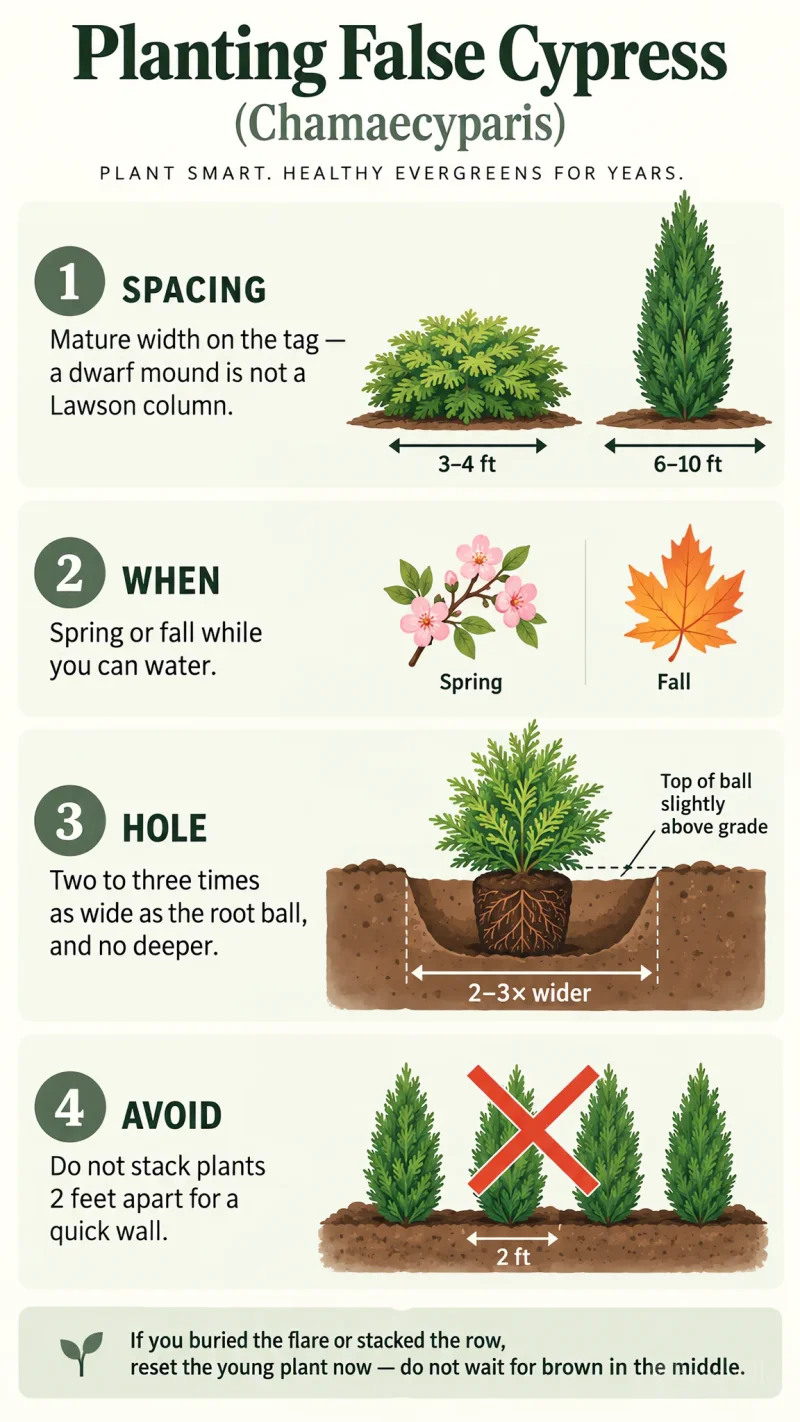 Planting False Cypress care summary diagram