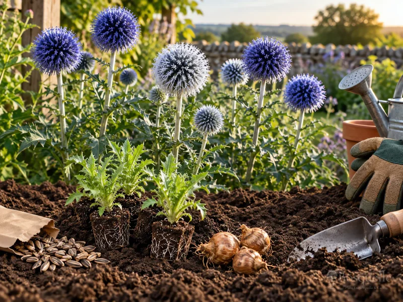 Plant Globe Thistle – After Frost, Crown Just Under Soil guide illustration