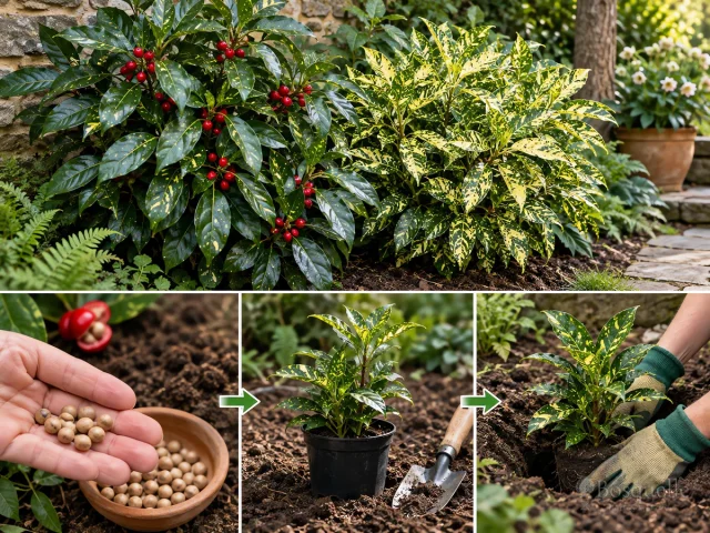 Plant Spotted Laurel – Spring or Fall, Pot Depth guide illustration