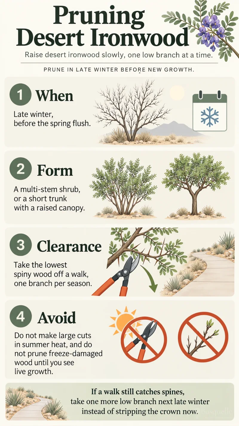 Pruning Desert Ironwood care summary diagram