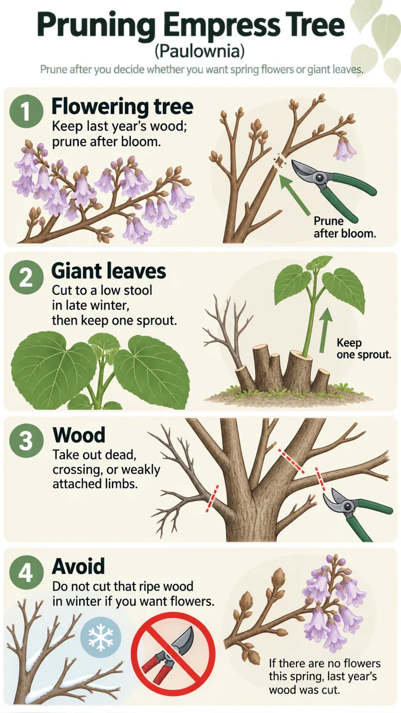 Pruning Empress Tree care summary diagram