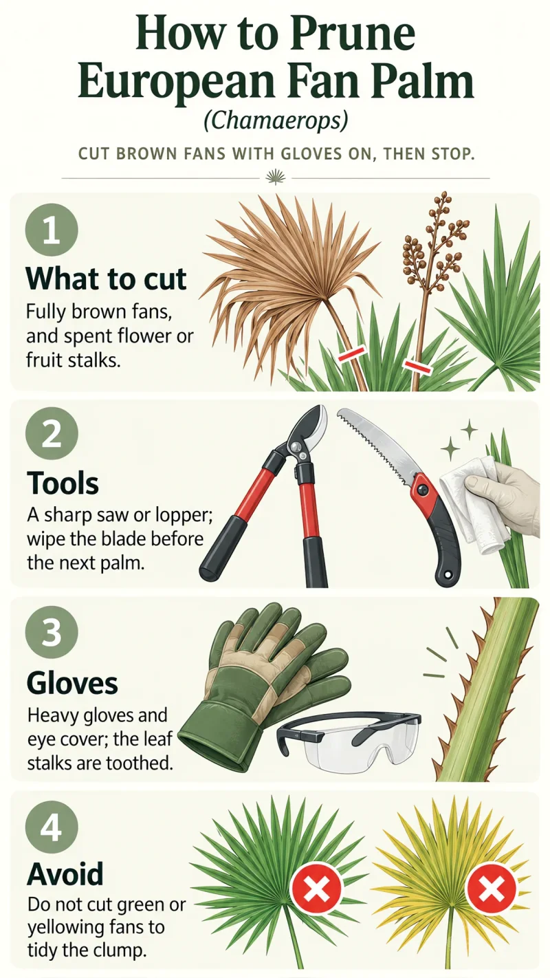 How to Prune European Fan Palm care summary diagram