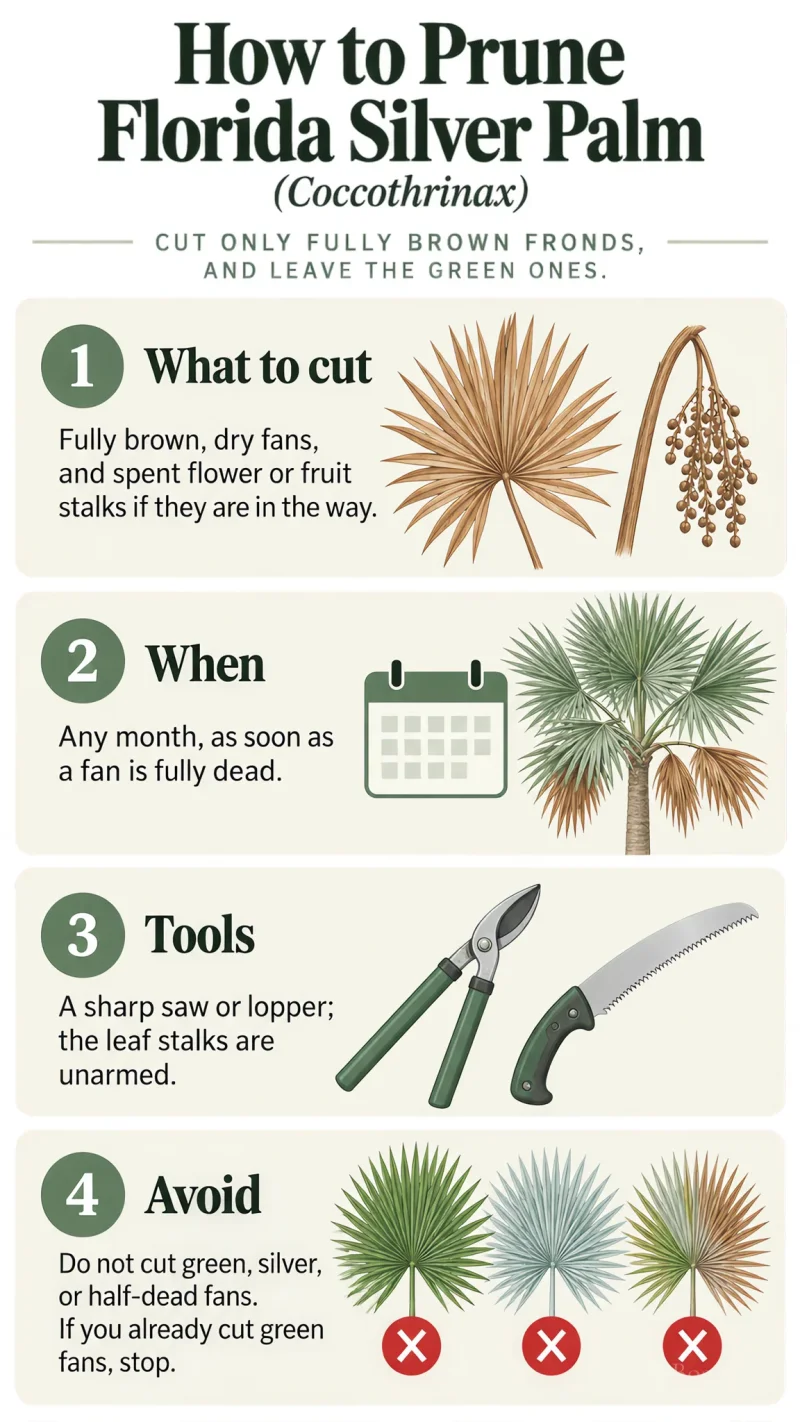 How to Prune Florida Silver Palm care summary diagram