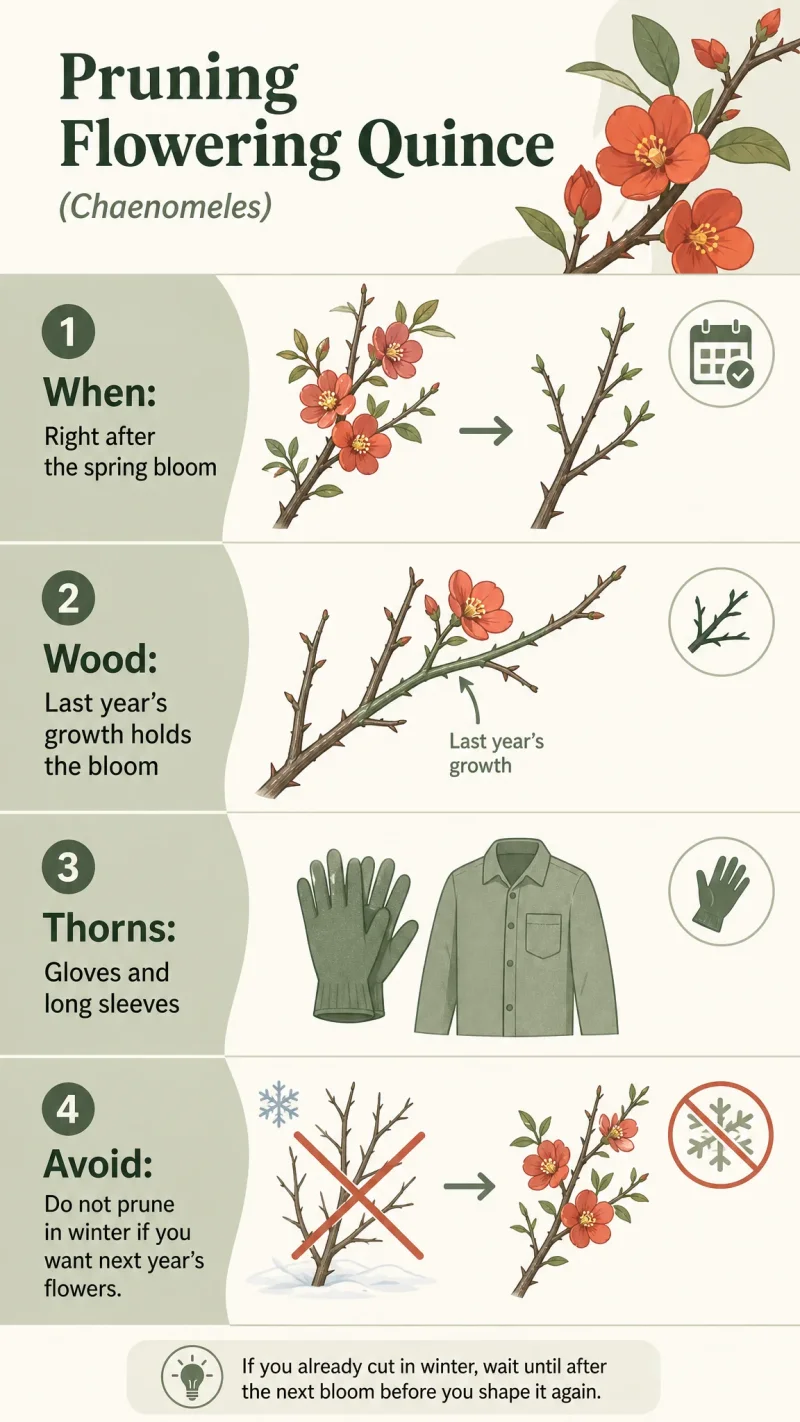 Pruning Flowering Quince care summary diagram