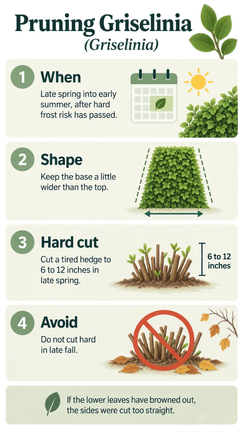 Pruning Griselinia care summary diagram