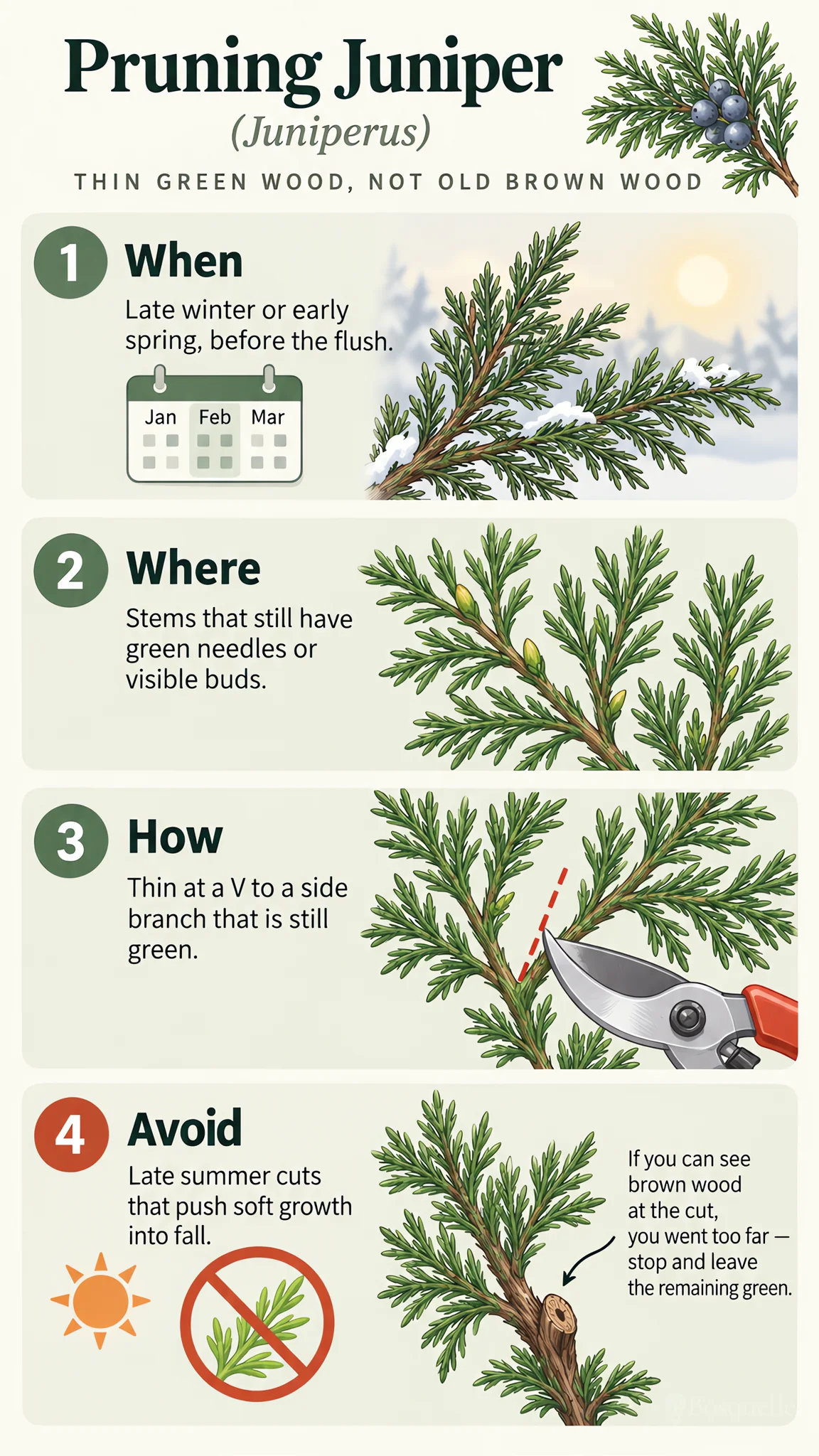 Pruning Juniper care summary diagram