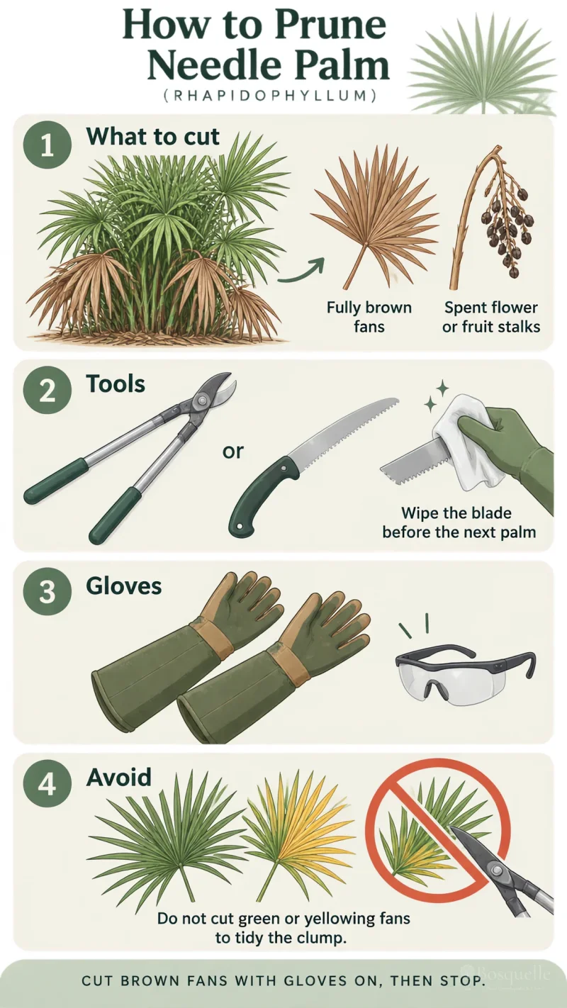 How to Prune Needle Palm care summary diagram