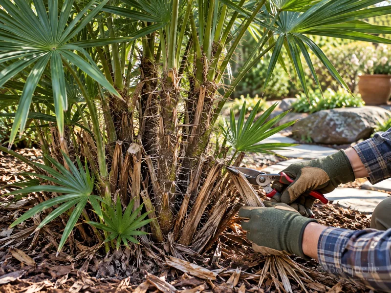 Prune Needle Palm – Fully Brown Fronds Only guide illustration
