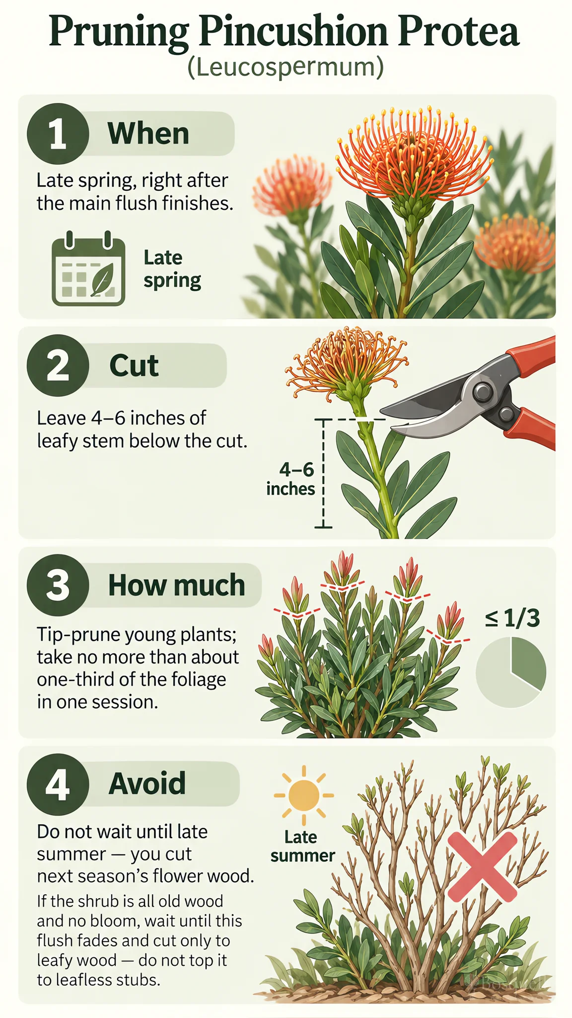 Pruning Pincushion Protea care summary diagram