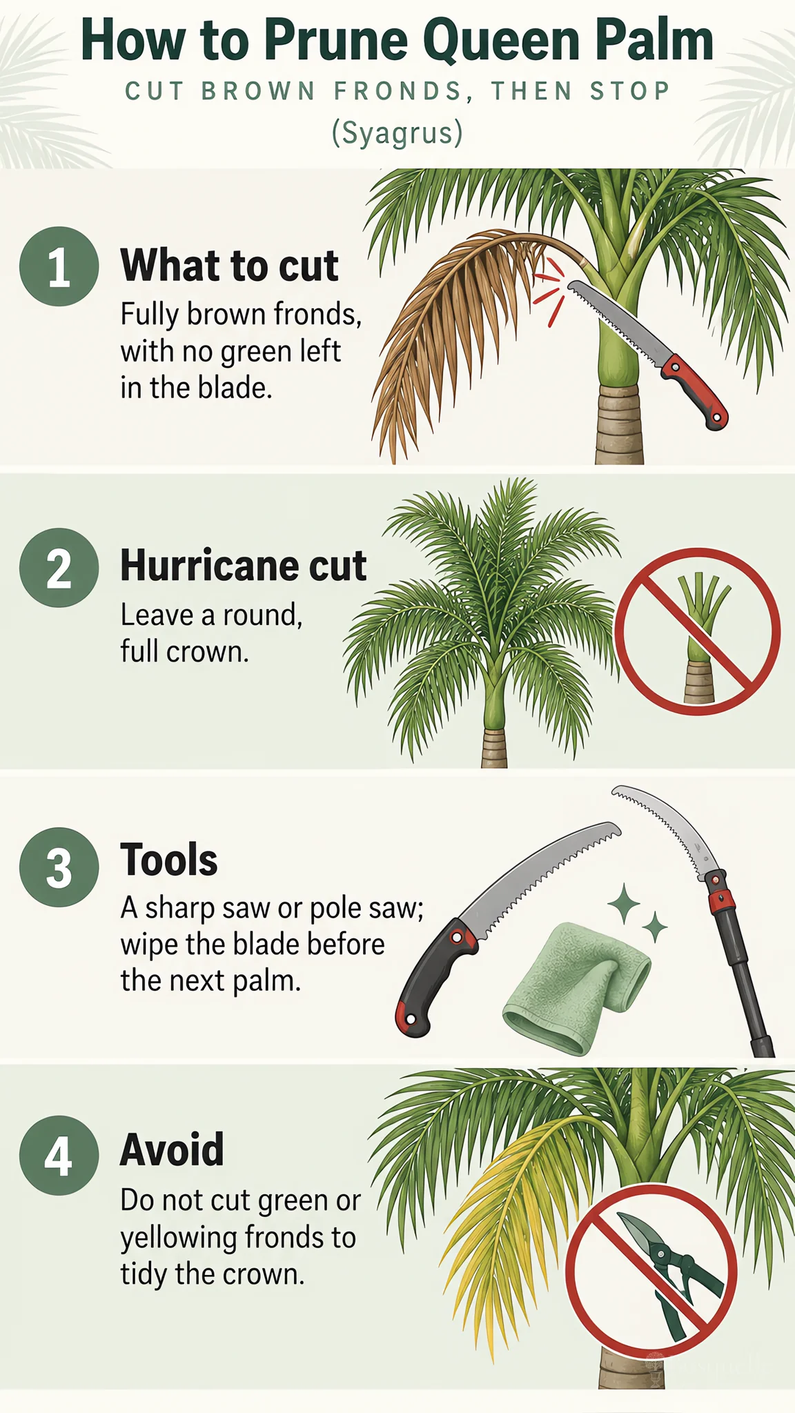 How to Prune Queen Palm care summary diagram