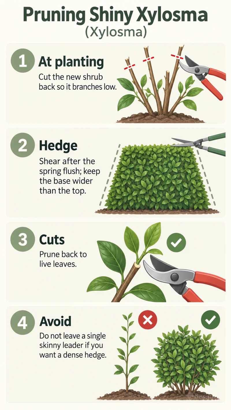 Pruning Shiny Xylosma care summary diagram