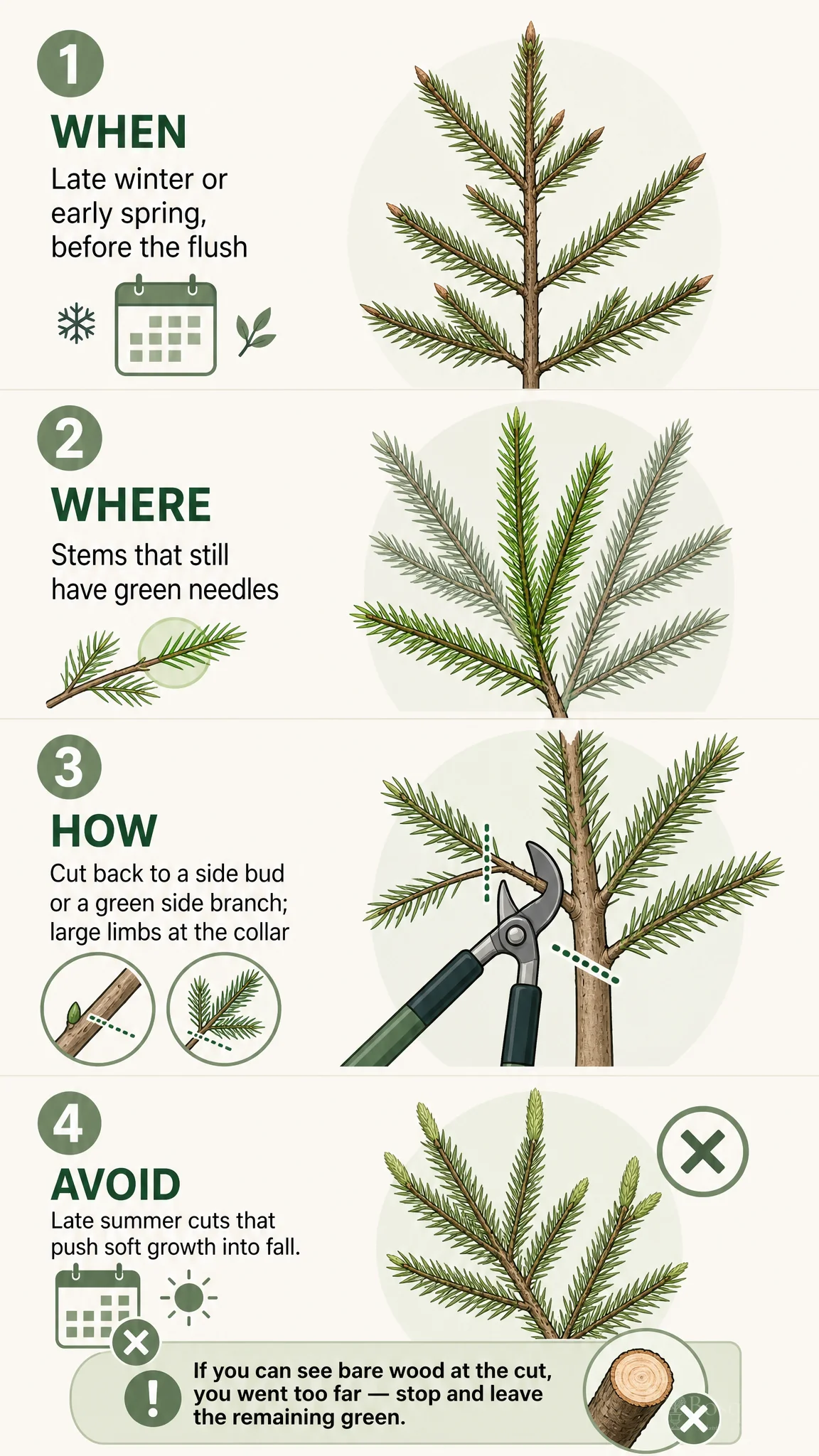 Pruning Spruce care summary diagram