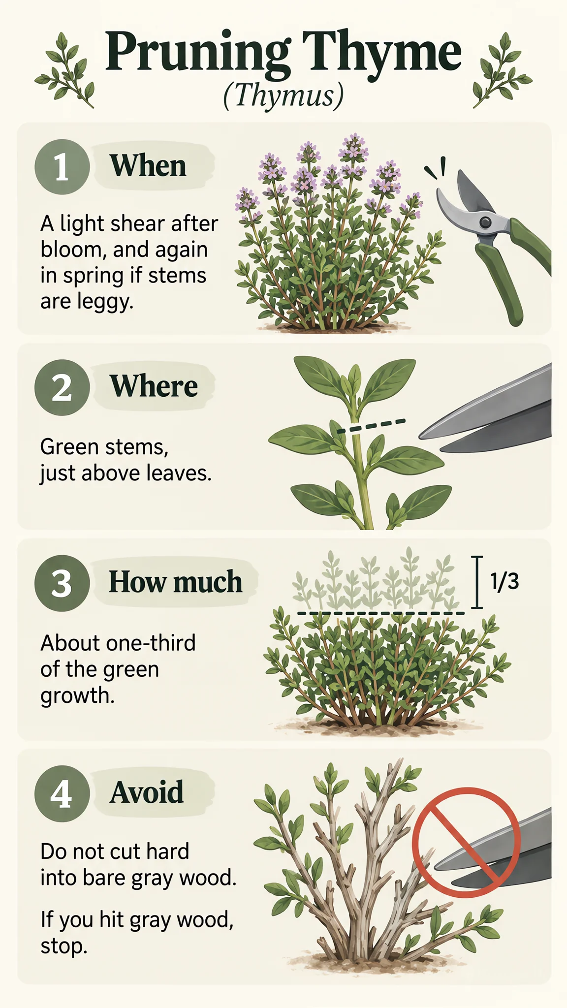 Pruning Thyme care summary diagram